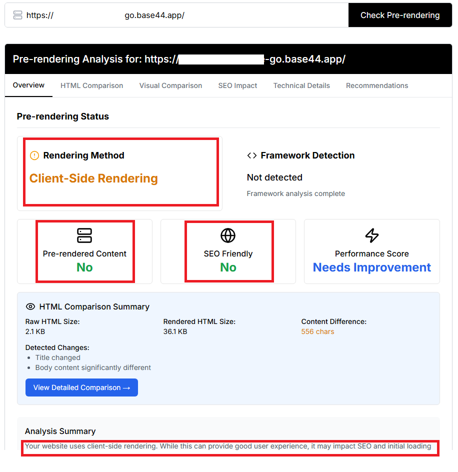Pre-rendering analysis of a Base44 site showing Client-Side Rendering, no pre-rendered content, and not SEO friendly