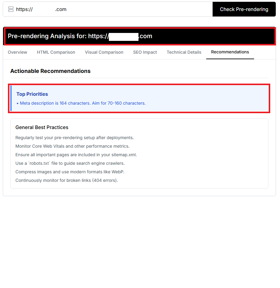 Recommendations after conversion showing only 1 minor suggestion about meta description length